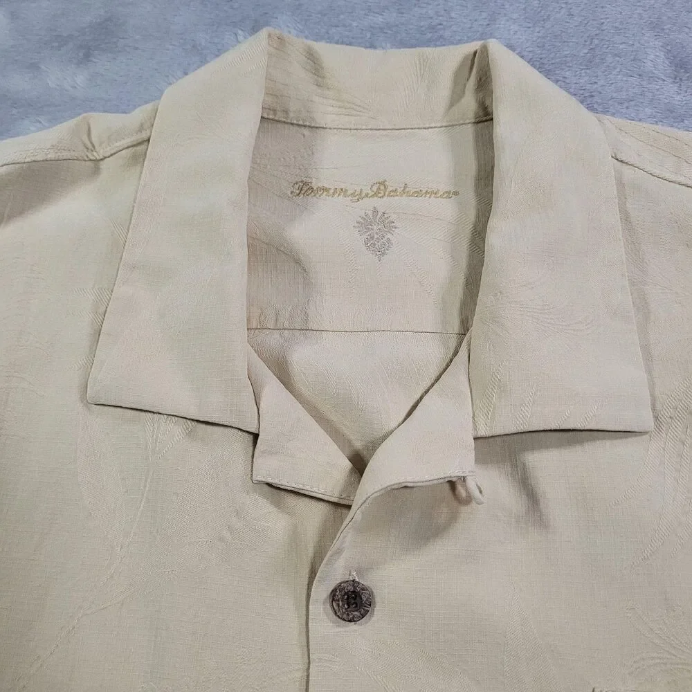 Tommy Bahama Shirt Mens 2XL Beige Floral Silk Short Sleeve Button Up Relaxed Fit
